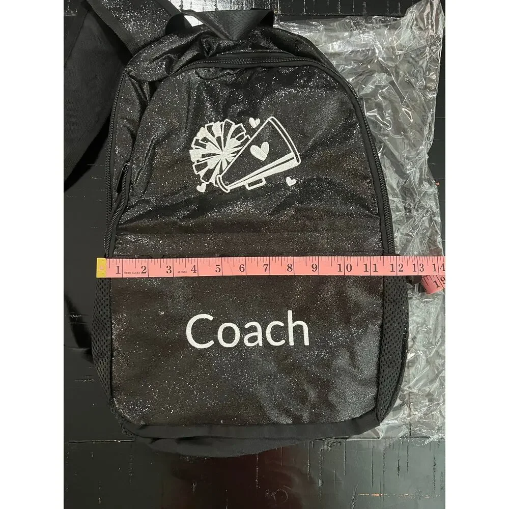 New Black Glitter Cheer Coach Backpack Megaphone Embroidered Pom Pom Keychain